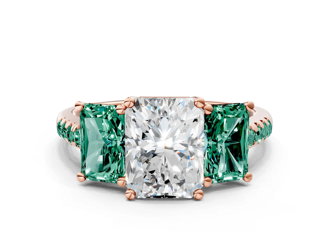 Rose gold Three-Stone Radiant Cut Diamond Ring with Round with Green Sapphire side stone Pavé Band and Prong Setting
