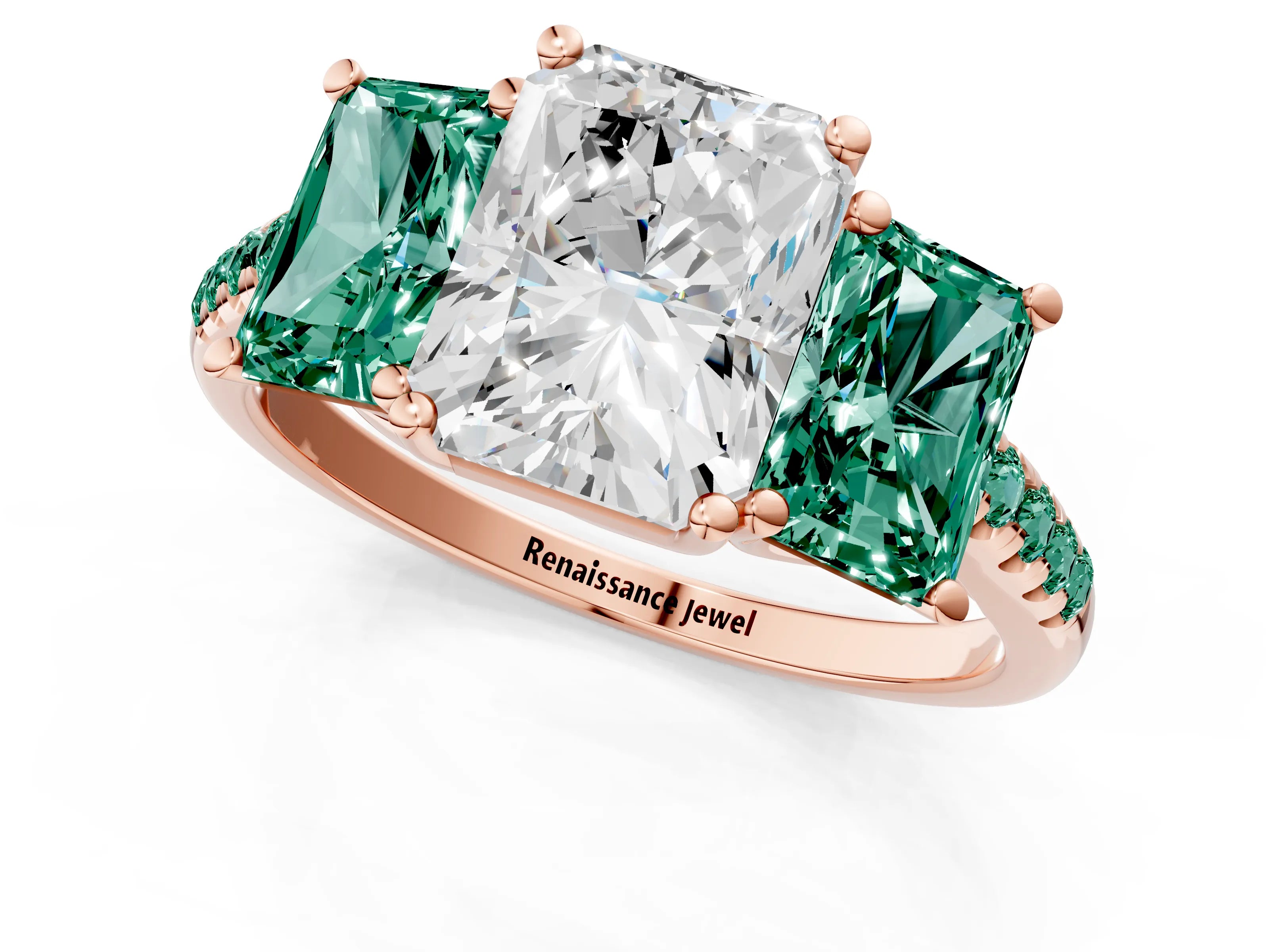Rose gold Three-Stone Radiant Cut Diamond Ring with Round with Green Sapphire side stone Pavé Band and Prong Setting_1