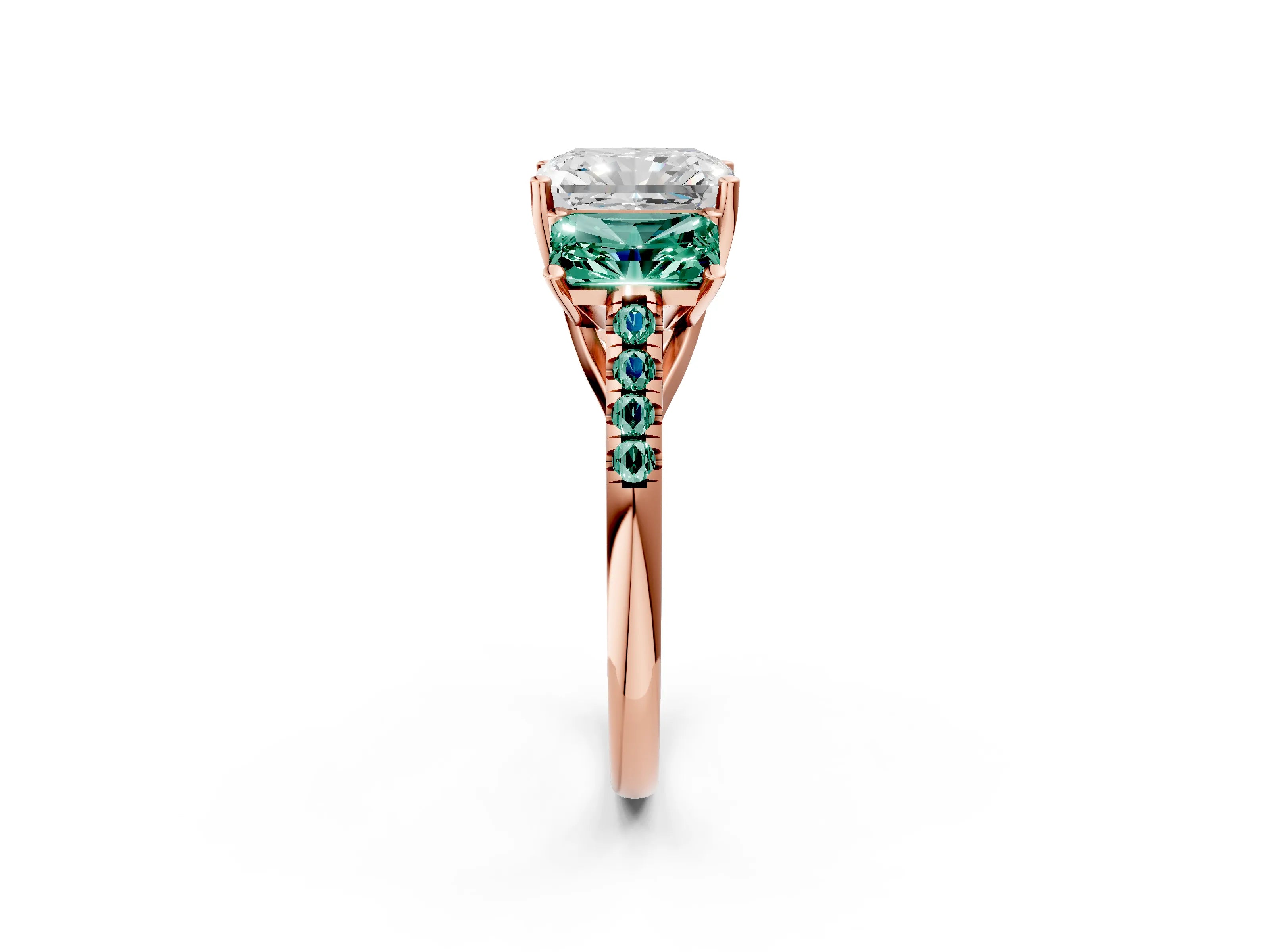 Rose gold Three-Stone Radiant Cut Diamond Ring with Round with Green Sapphire side stone Pavé Band and Prong Setting_2