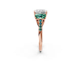 Rose gold Three-Stone Radiant Cut Diamond Ring with Round with Green Sapphire side stone Pavé Band and Prong Setting_2