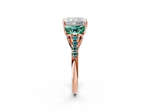 Rose gold Three-Stone Radiant Cut Diamond Ring with Round with Green Sapphire side stone Pavé Band and Prong Setting_2