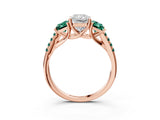 Rose gold Three-Stone Radiant Cut Diamond Ring with Round with Green Sapphire side stone Pavé Band and Prong Setting_3