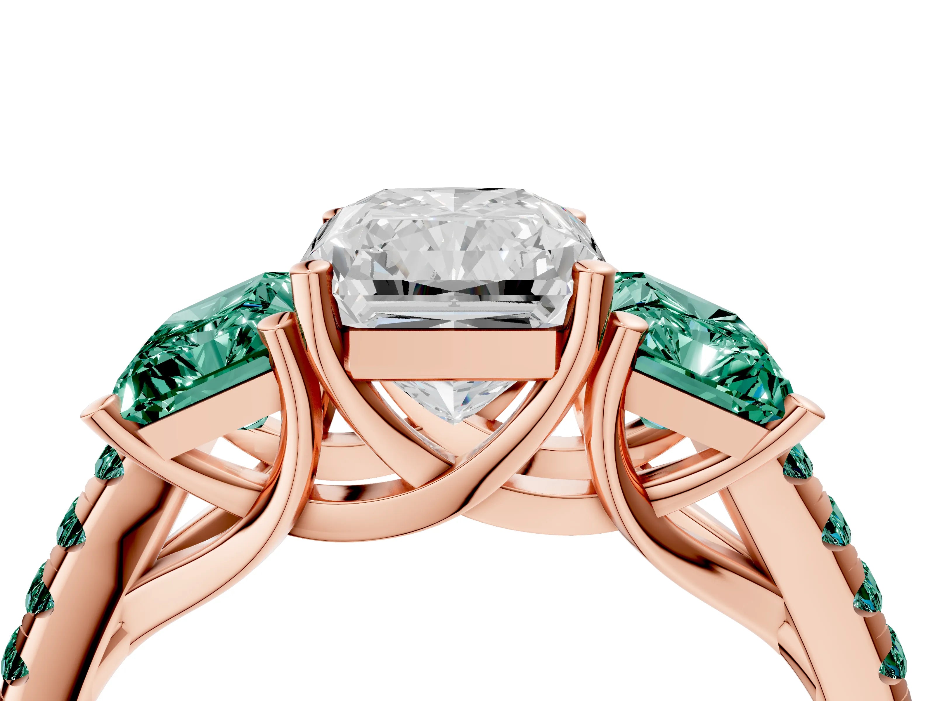 Rose gold Three-Stone Radiant Cut Diamond Ring with Round with Green Sapphire side stone Pavé Band and Prong Setting_4