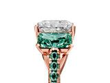 Rose gold Three-Stone Radiant Cut Diamond Ring with Round with Green Sapphire side stone Pavé Band and Prong Setting_5