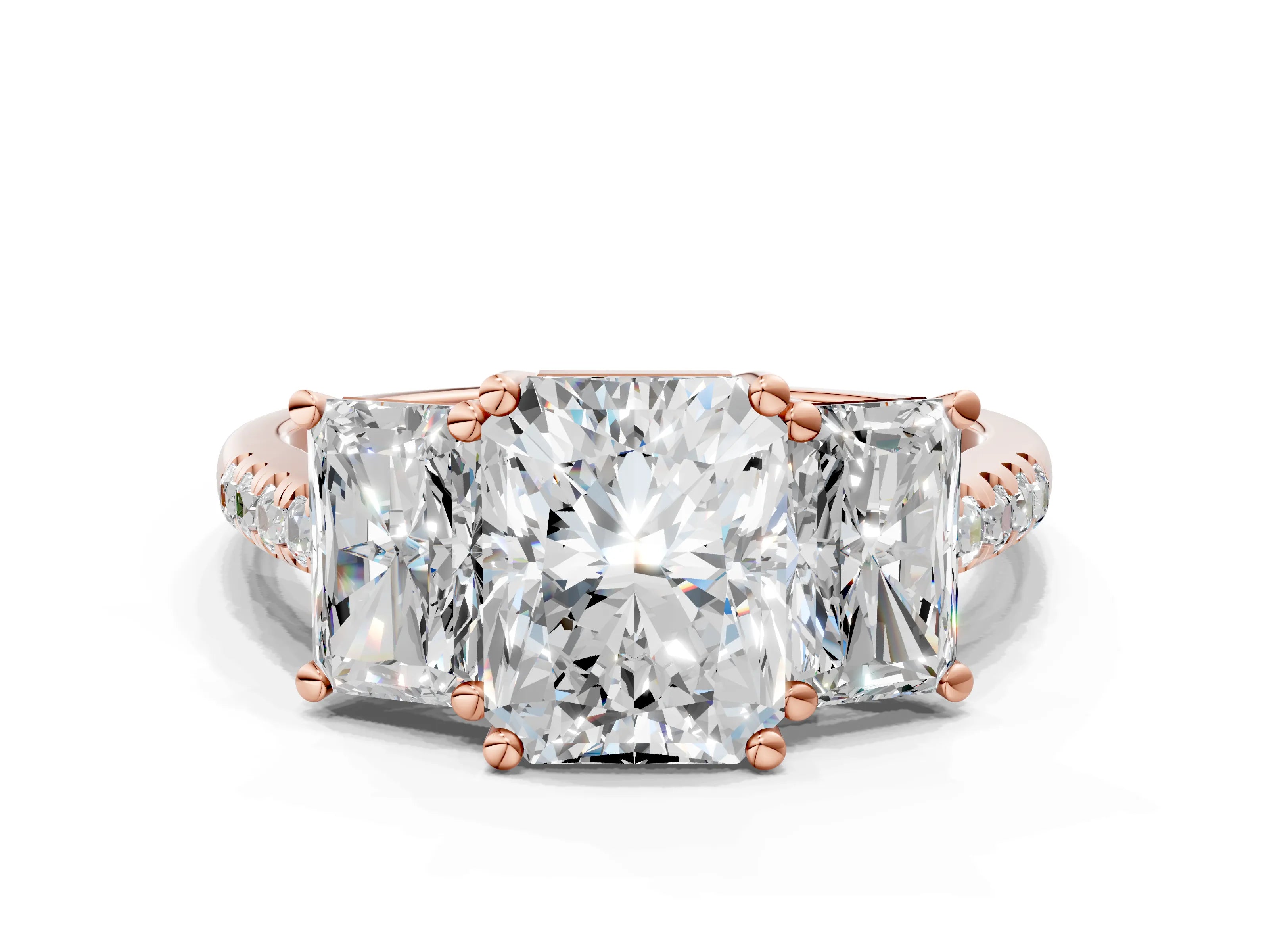 Rose gold Three-Stone Radiant Cut Diamond Ring with Round with Moissanite side stone Pavé Band and Prong Setting