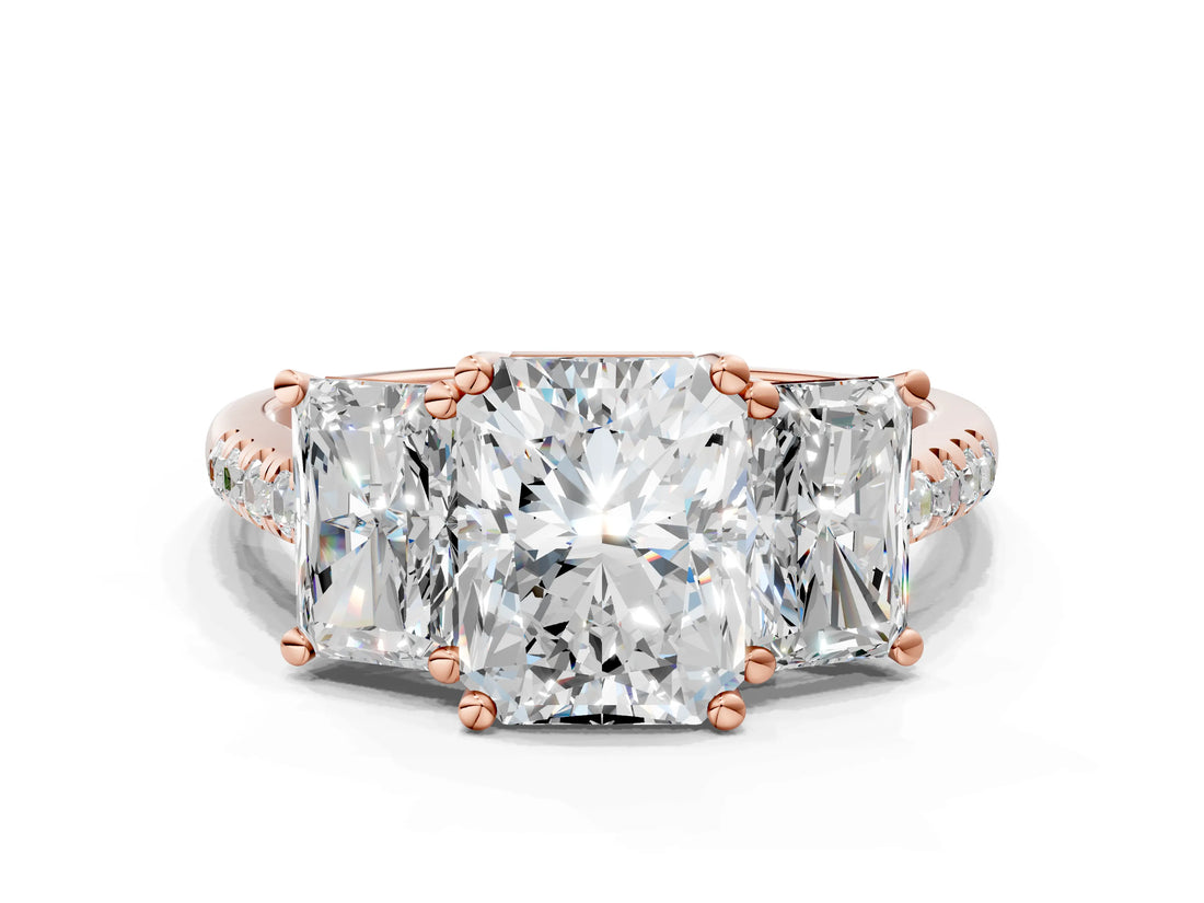 Rose gold Three-Stone Radiant Cut Diamond Ring with Round with Moissanite side stone Pavé Band and Prong Setting