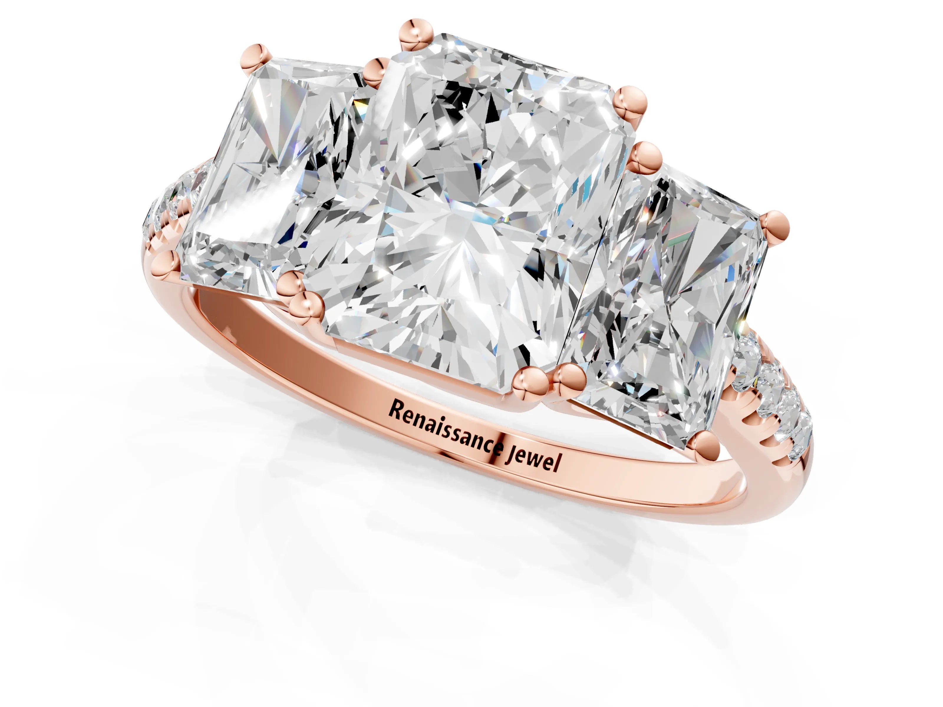 Rose gold Three-Stone Radiant Cut Diamond Ring with Round with Moissanite side stone Pavé Band and Prong Setting_1