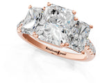 Rose gold Three-Stone Radiant Cut Diamond Ring with Round with Moissanite side stone Pavé Band and Prong Setting_1