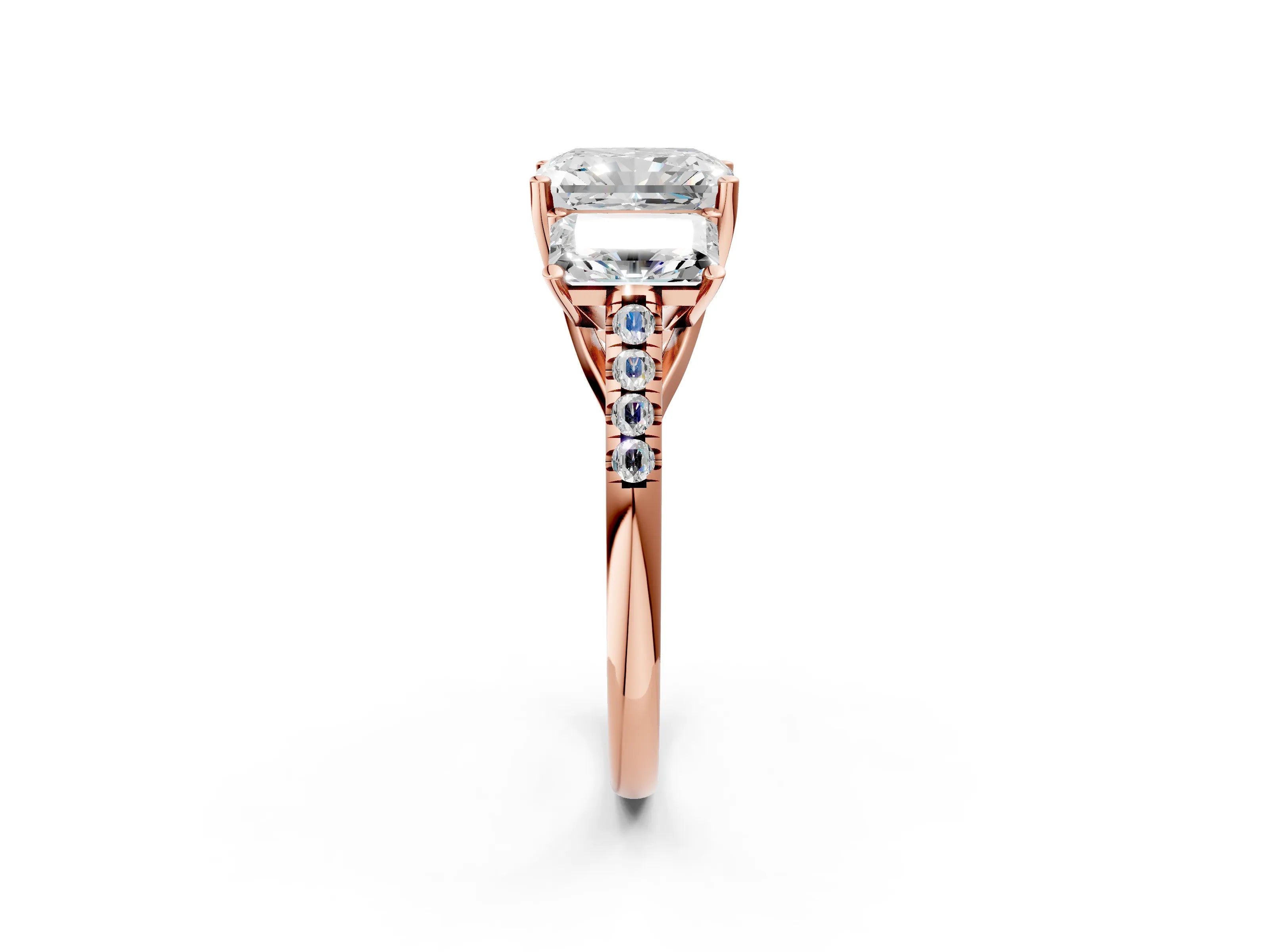 Rose gold Three-Stone Radiant Cut Diamond Ring with Round with Moissanite side stone Pavé Band and Prong Setting_2