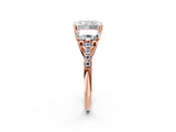 Rose gold Three-Stone Radiant Cut Diamond Ring with Round with Moissanite side stone Pavé Band and Prong Setting_2