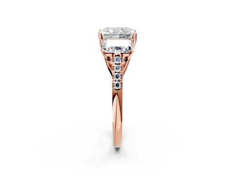 Rose gold Three-Stone Radiant Cut Diamond Ring with Round with Moissanite side stone Pavé Band and Prong Setting_2