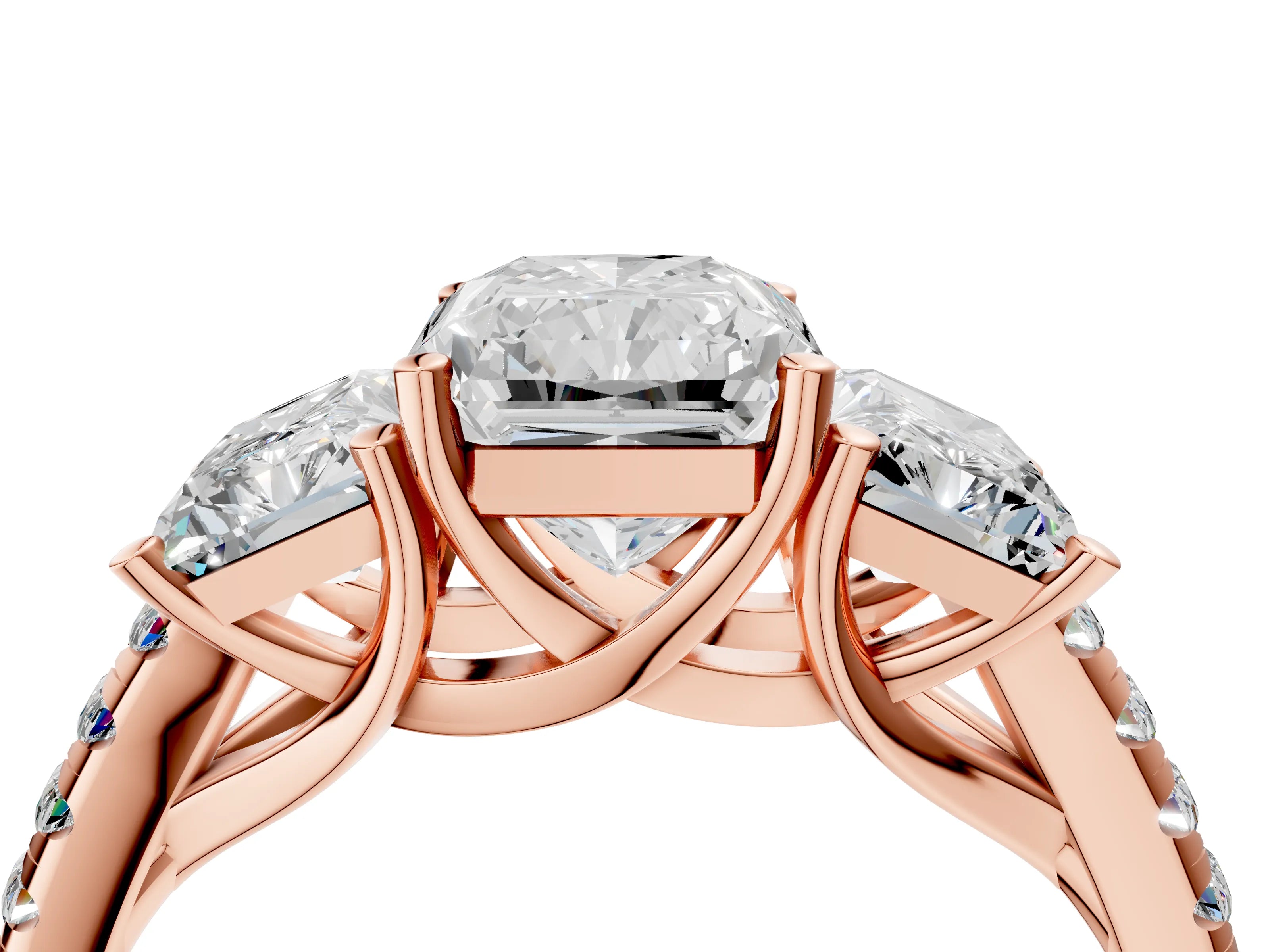 Rose gold Three-Stone Radiant Cut Diamond Ring with Round with Moissanite side stone Pavé Band and Prong Setting_4