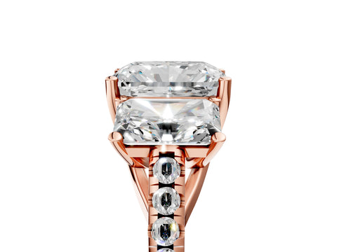 Rose gold Three-Stone Radiant Cut Diamond Ring with Round with Moissanite side stone Pavé Band and Prong Setting_5