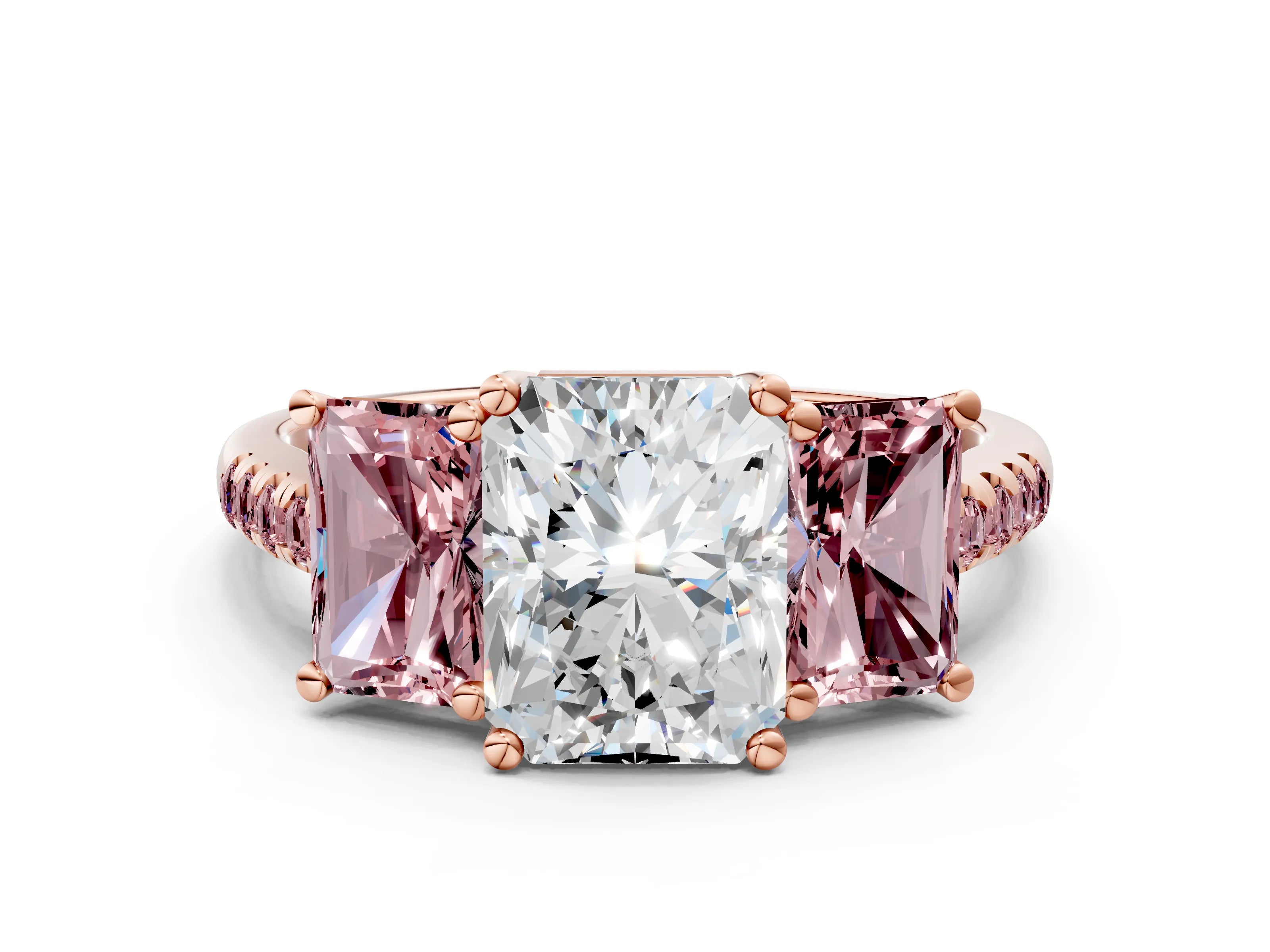 Rose gold Three-Stone Radiant Cut Diamond Ring with Round with Morganite side stone Pavé Band and Prong Setting