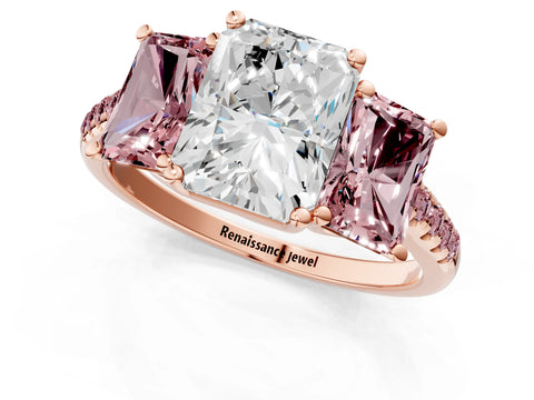Rose gold Three-Stone Radiant Cut Diamond Ring with Round with Morganite side stone Pavé Band and Prong Setting_1