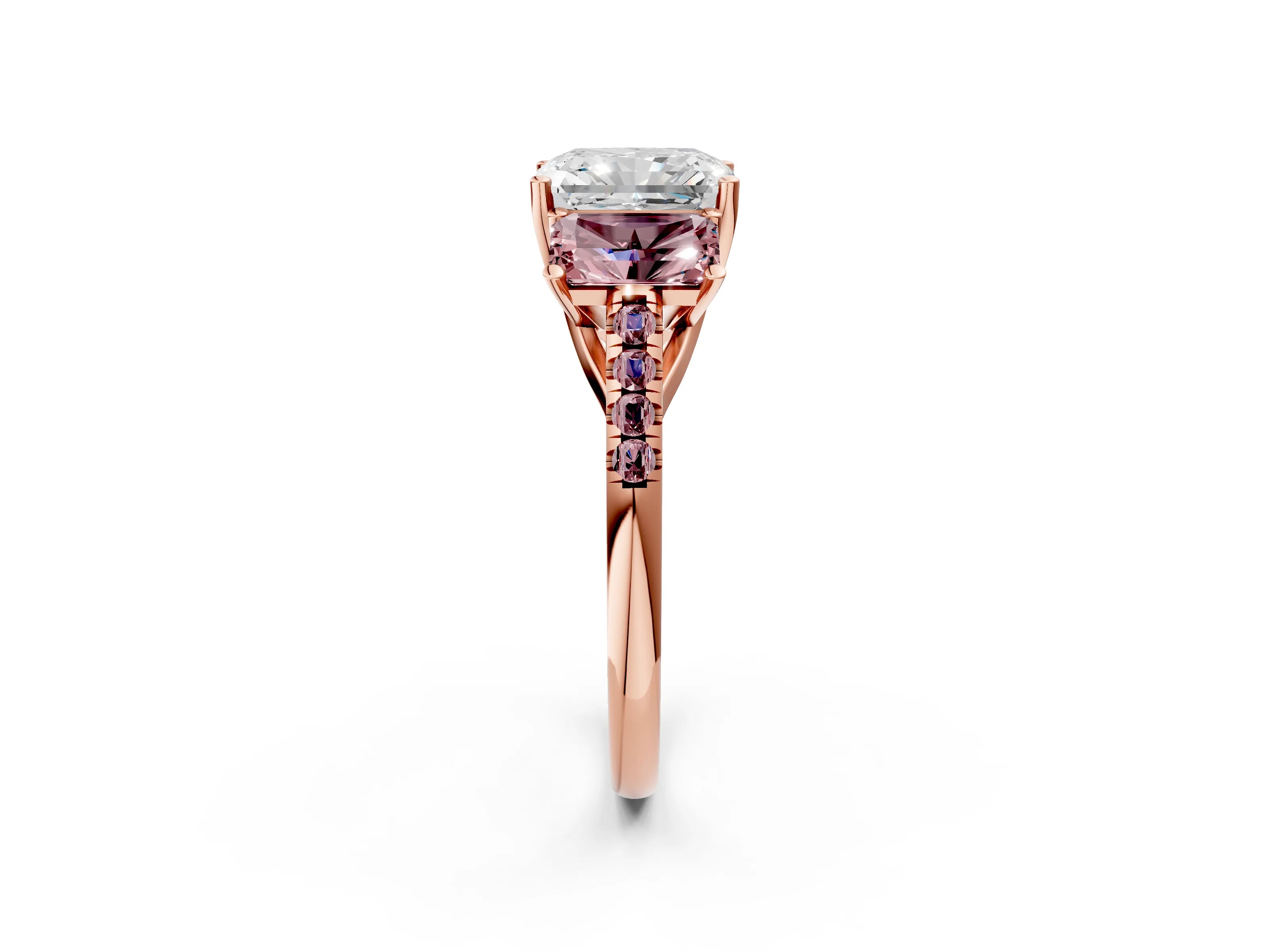 Rose gold Three-Stone Radiant Cut Diamond Ring with Round with Morganite side stone Pavé Band and Prong Setting_2