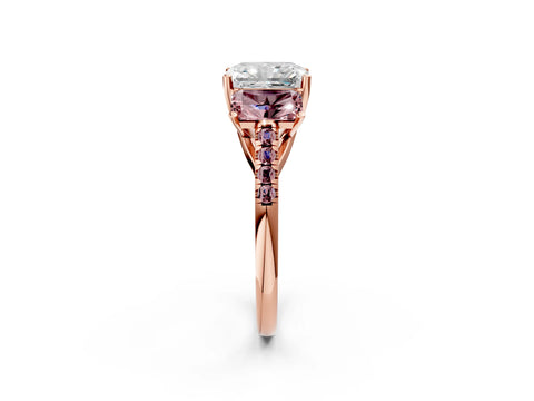 Rose gold Three-Stone Radiant Cut Diamond Ring with Round with Morganite side stone Pavé Band and Prong Setting_2