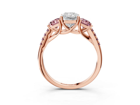 Rose gold Three-Stone Radiant Cut Diamond Ring with Round with Morganite side stone Pavé Band and Prong Setting_3