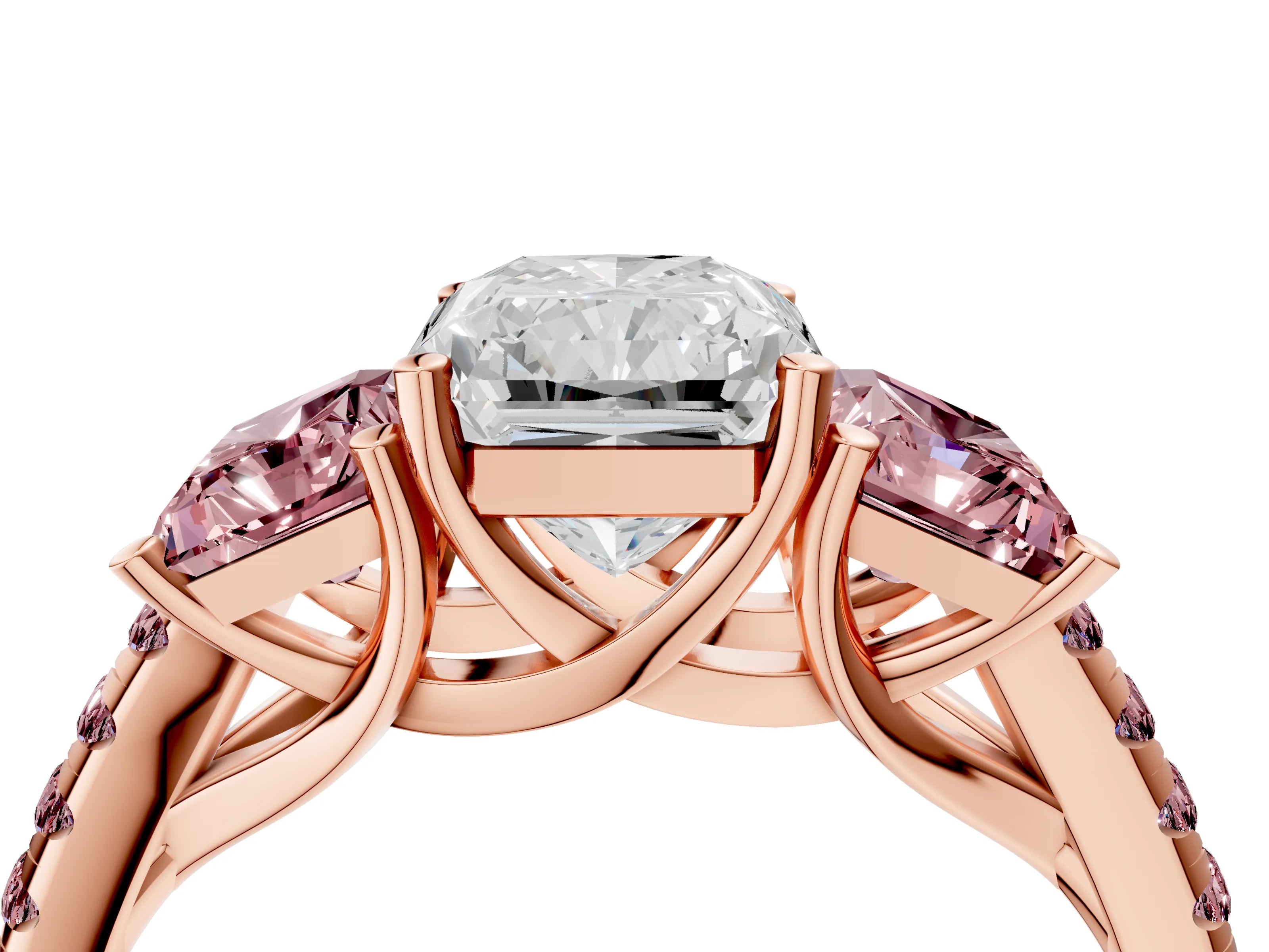 Rose gold Three-Stone Radiant Cut Diamond Ring with Round with Morganite side stone Pavé Band and Prong Setting_4