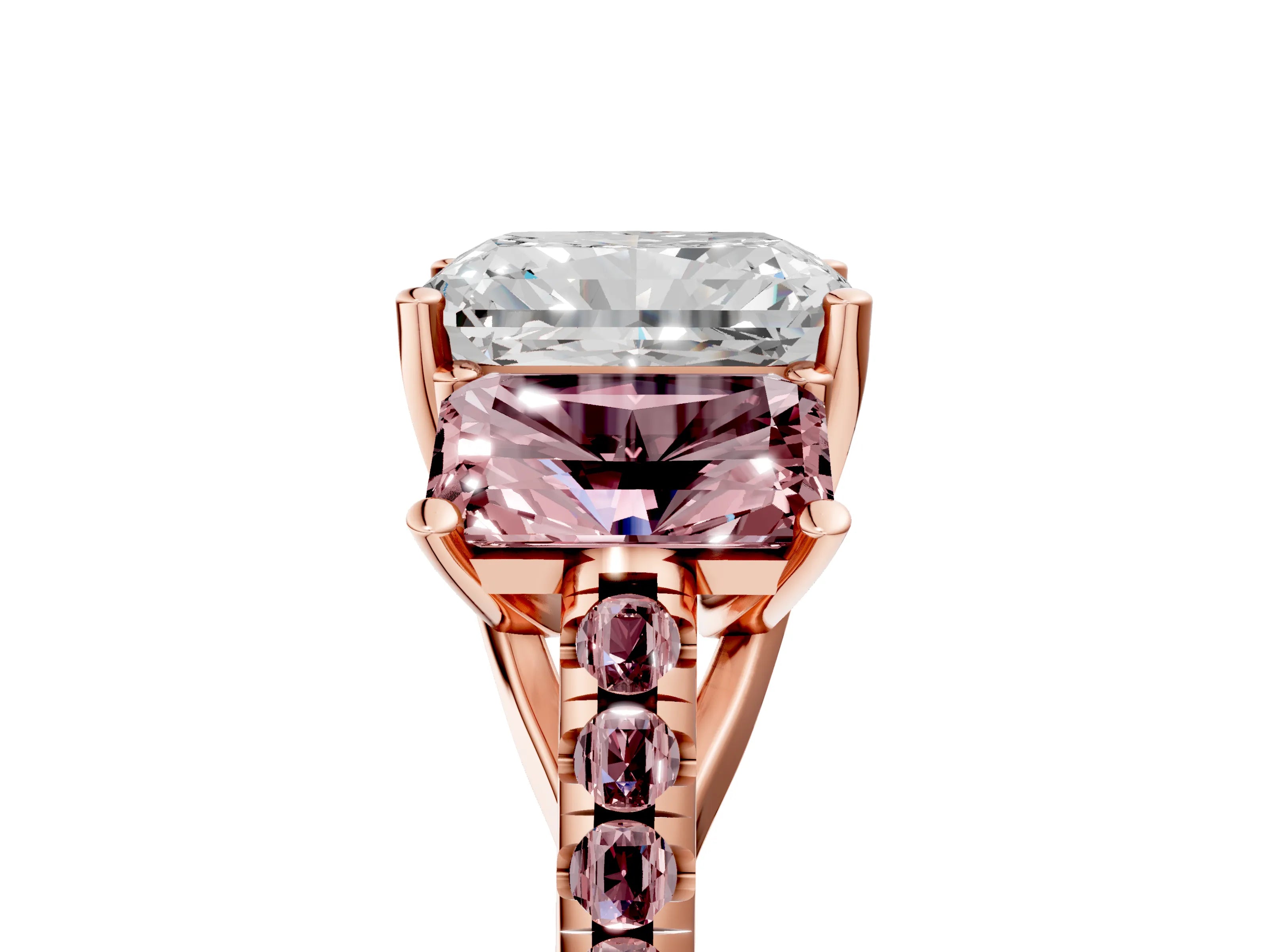Rose gold Three-Stone Radiant Cut Diamond Ring with Round with Morganite side stone Pavé Band and Prong Setting_5