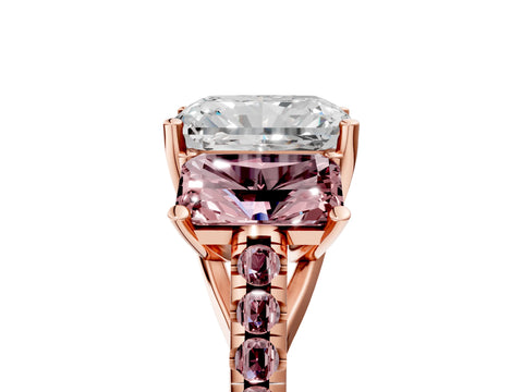 Rose gold Three-Stone Radiant Cut Diamond Ring with Round with Morganite side stone Pavé Band and Prong Setting_5