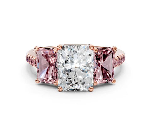 Rose gold Three-Stone Radiant Cut Diamond Ring with Round with Morganite side stone Pavé Band and Prong Setting