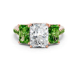 Rose gold Three-Stone Radiant Cut Diamond Ring with Round with Peridot side stone Pavé Band and Prong Setting
