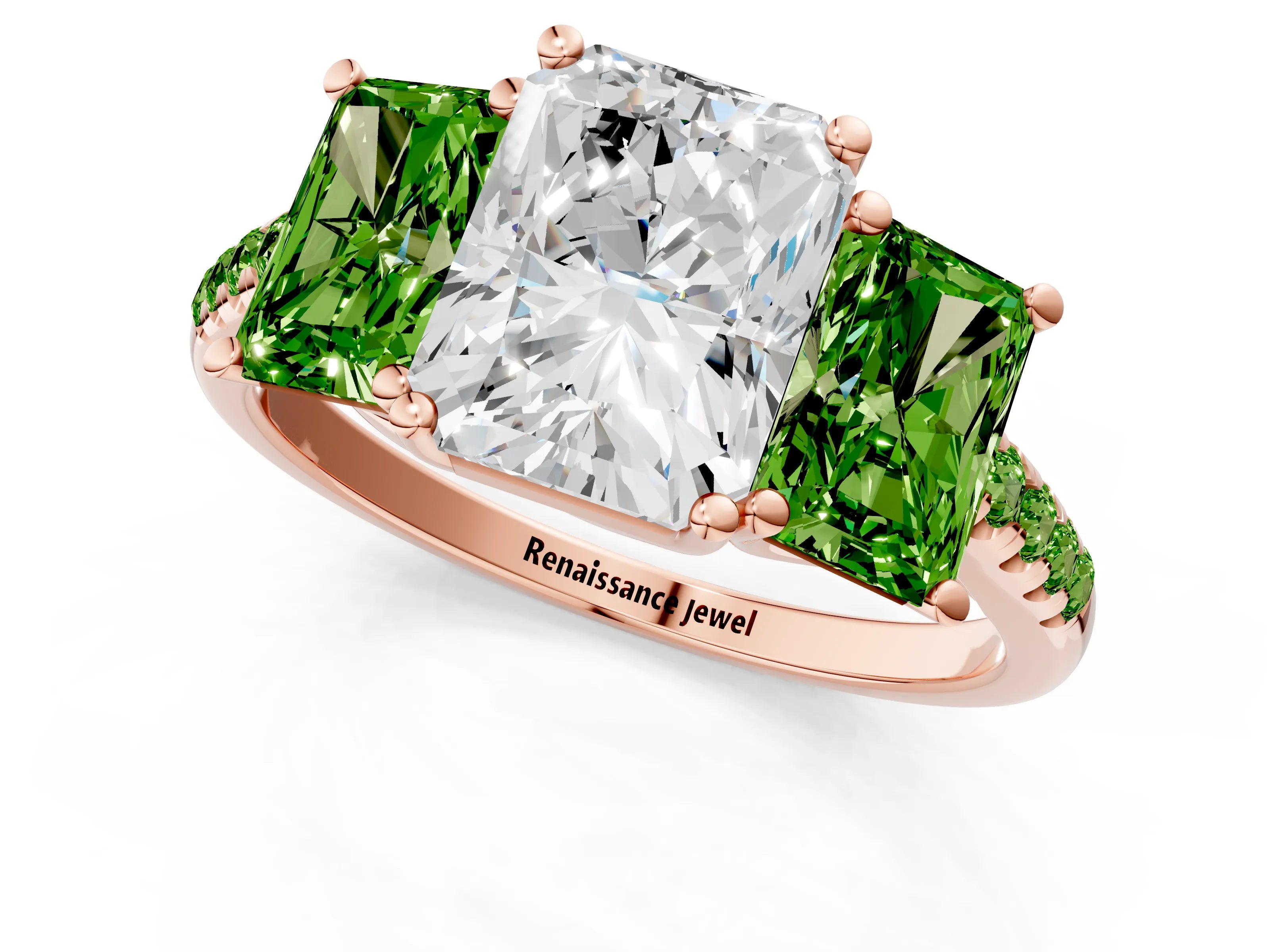 Rose gold Three-Stone Radiant Cut Diamond Ring with Round with Peridot side stone Pavé Band and Prong Setting_1