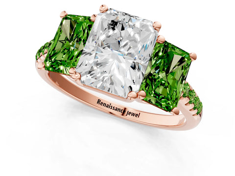 Rose gold Three-Stone Radiant Cut Diamond Ring with Round with Peridot side stone Pavé Band and Prong Setting_1