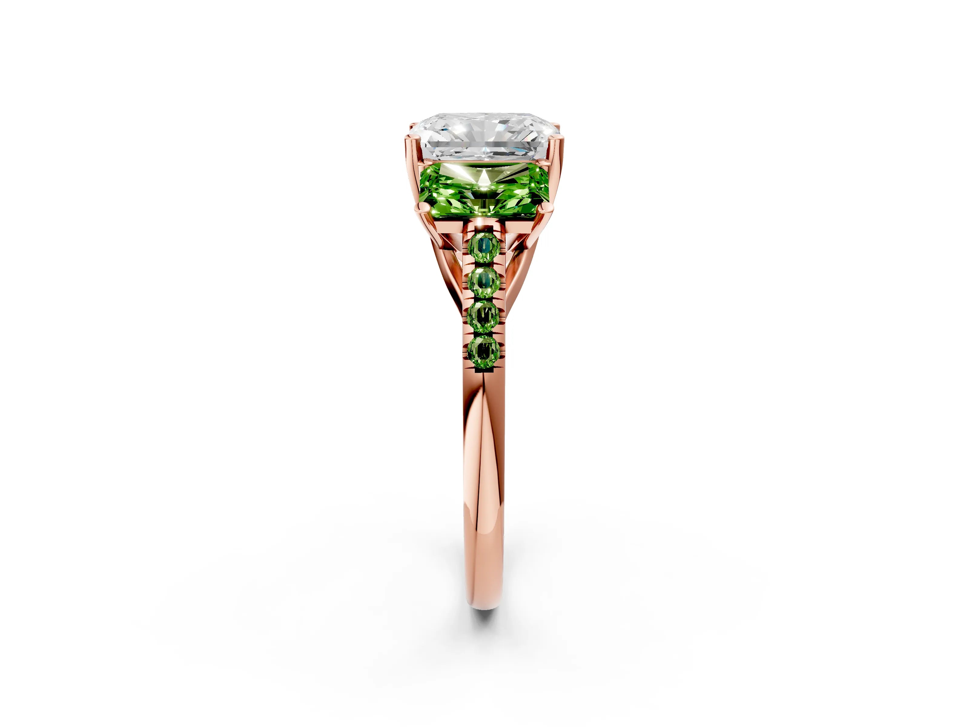 Rose gold Three-Stone Radiant Cut Diamond Ring with Round with Peridot side stone Pavé Band and Prong Setting_2