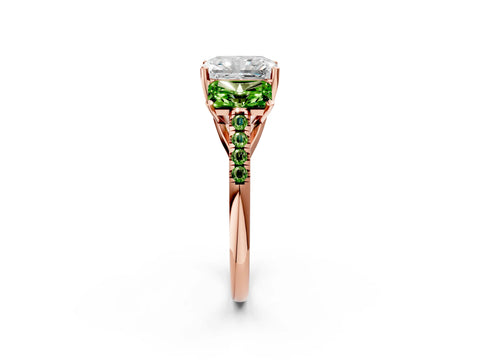 Rose gold Three-Stone Radiant Cut Diamond Ring with Round with Peridot side stone Pavé Band and Prong Setting_2