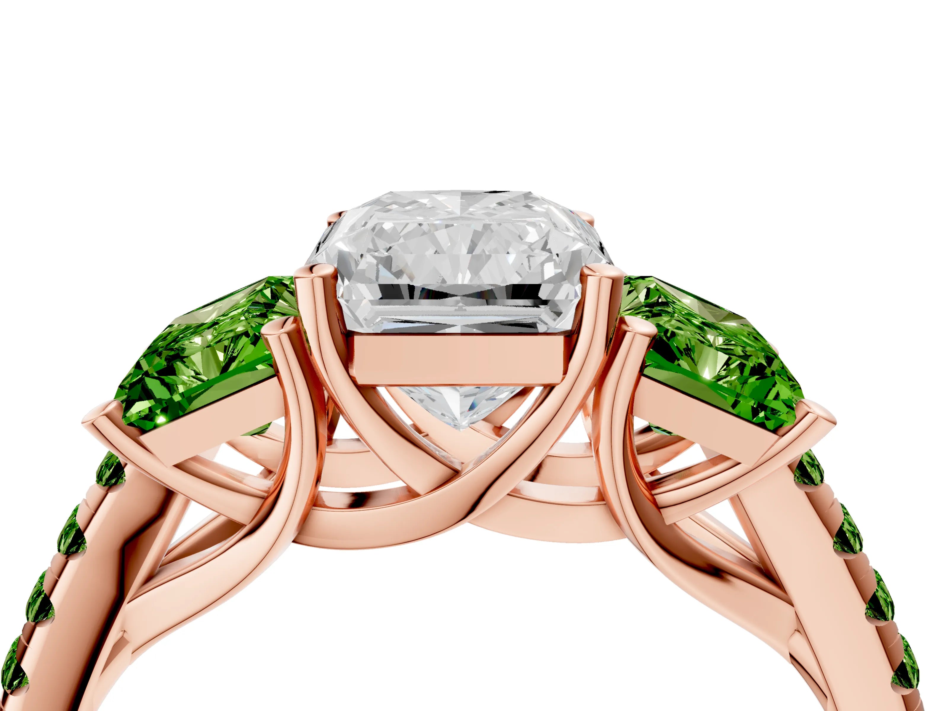 Rose gold Three-Stone Radiant Cut Diamond Ring with Round with Peridot side stone Pavé Band and Prong Setting_4