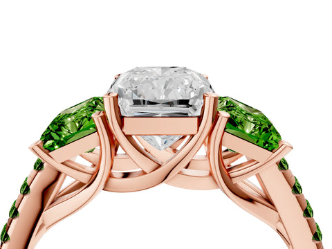 Rose gold Three-Stone Radiant Cut Diamond Ring with Round with Peridot side stone Pavé Band and Prong Setting_4