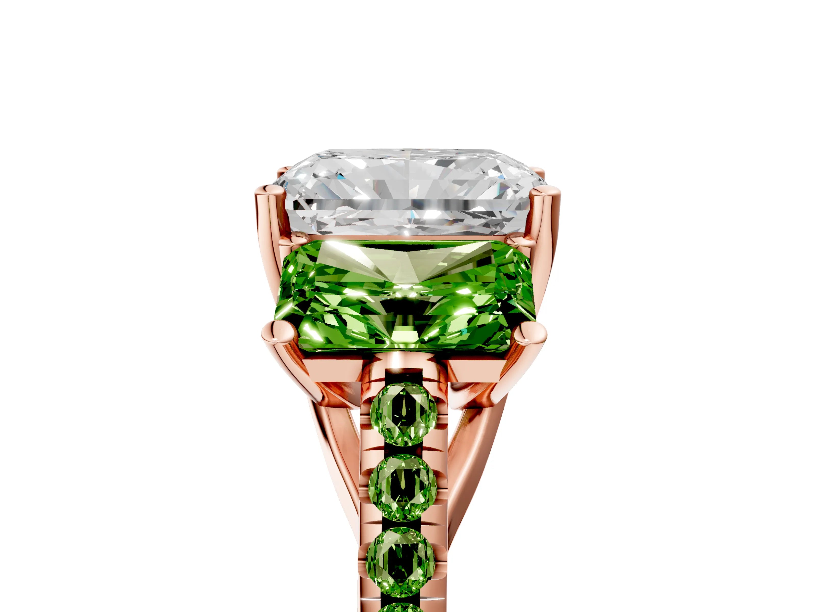 Rose gold Three-Stone Radiant Cut Diamond Ring with Round with Peridot side stone Pavé Band and Prong Setting_5