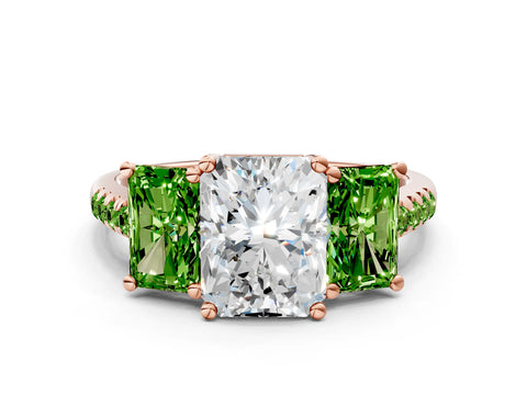 Rose gold Three-Stone Radiant Cut Diamond Ring with Round with Peridot side stone Pavé Band and Prong Setting