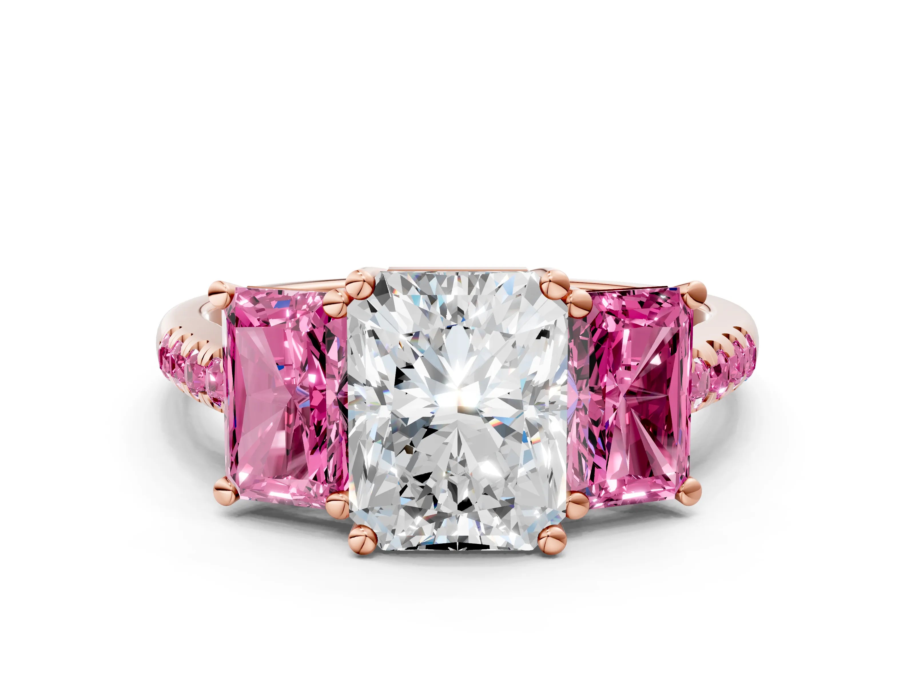 Rose gold Three-Stone Radiant Cut Diamond Ring with Round with Pink Sapphire side stone Pavé Band and Prong Setting