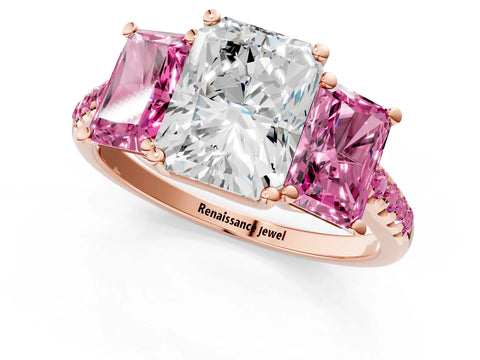 Rose gold Three-Stone Radiant Cut Diamond Ring with Round with Pink Sapphire side stone Pavé Band and Prong Setting_1