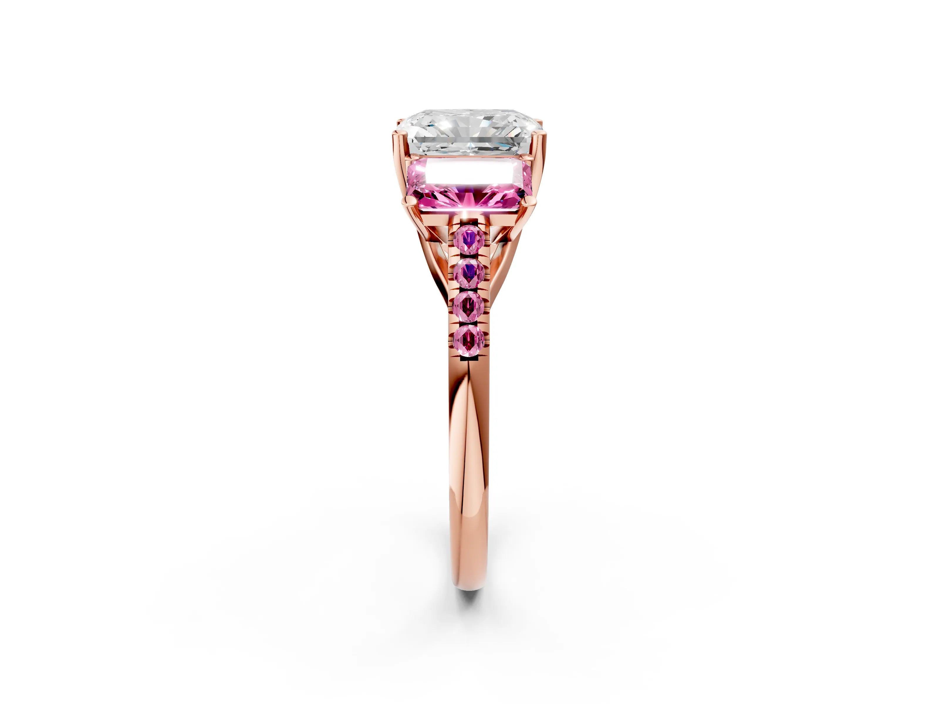 Rose gold Three-Stone Radiant Cut Diamond Ring with Round with Pink Sapphire side stone Pavé Band and Prong Setting_2