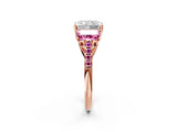 Rose gold Three-Stone Radiant Cut Diamond Ring with Round with Pink Sapphire side stone Pavé Band and Prong Setting_2