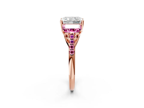 Rose gold Three-Stone Radiant Cut Diamond Ring with Round with Pink Sapphire side stone Pavé Band and Prong Setting_2