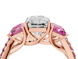 Rose gold Three-Stone Radiant Cut Diamond Ring with Round with Pink Sapphire side stone Pavé Band and Prong Setting_4