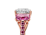 Rose gold Three-Stone Radiant Cut Diamond Ring with Round with Pink Sapphire side stone Pavé Band and Prong Setting_5