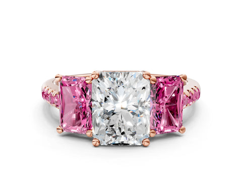 Rose gold Three-Stone Radiant Cut Diamond Ring with Round with Pink Sapphire side stone Pavé Band and Prong Setting