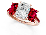 Rose gold Three-Stone Radiant Cut Diamond Ring with Round with Ruby side stone Pavé Band and Prong Setting_1