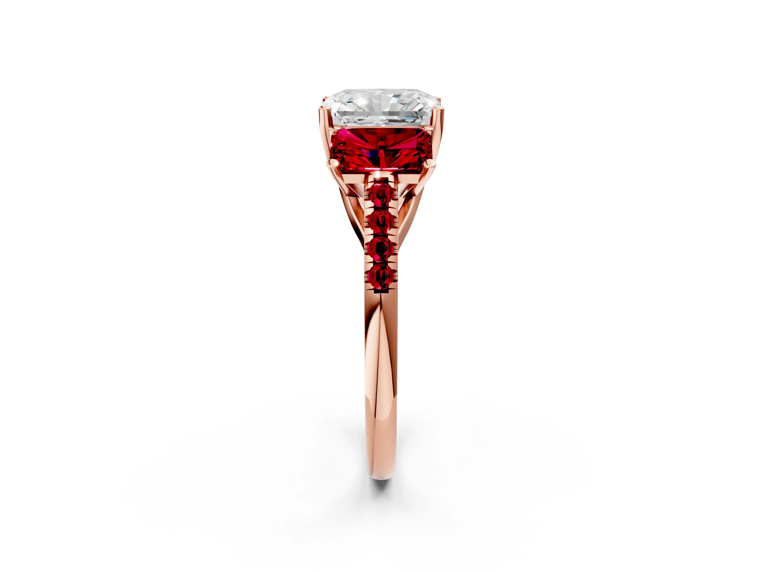 Rose gold Three-Stone Radiant Cut Diamond Ring with Round with Ruby side stone Pavé Band and Prong Setting_2