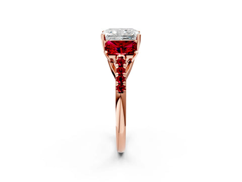 Rose gold Three-Stone Radiant Cut Diamond Ring with Round with Ruby side stone Pavé Band and Prong Setting_2