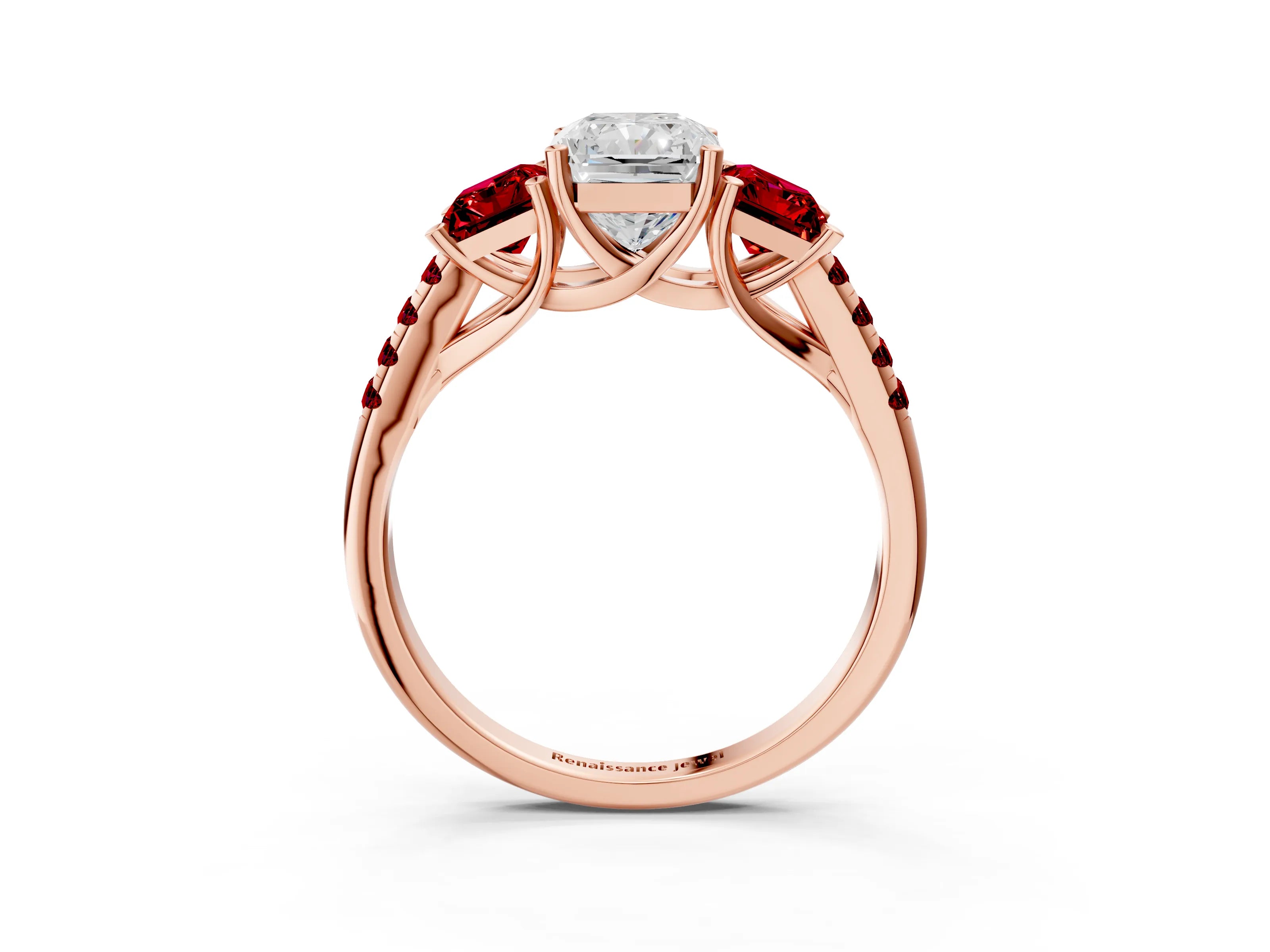 Rose gold Three-Stone Radiant Cut Diamond Ring with Round with Ruby side stone Pavé Band and Prong Setting_3