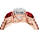 Rose gold Three-Stone Radiant Cut Diamond Ring with Round with Ruby side stone Pavé Band and Prong Setting_4