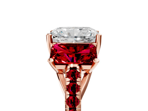 Rose gold Three-Stone Radiant Cut Diamond Ring with Round with Ruby side stone Pavé Band and Prong Setting_5