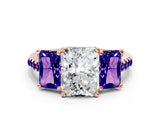 Rose gold Three-Stone Radiant Cut Diamond Ring with Round with Tanzanite side stone Pavé Band and Prong Setting